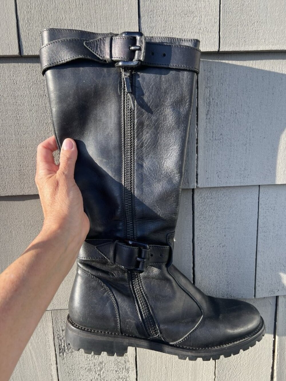 BURBERRY black leather biker moto tall lug sole boots biker designer 39.5